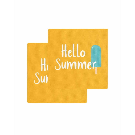 Hello Summer Kitchen Dish Towels for Drying Dishes Set of 2, Ice Cream Yellow Blue Waffle Weave Microfiber Terry Hand Tea Bathroom Towels Quick Dry & Absorbent Towel 12x12