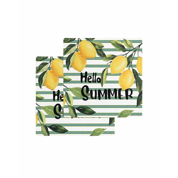 Hello Summer Kitchen Dish Towels for Drying Dishes Set of 2, Lemon Green Botanical Watercolor Striped Waffle Weave Microfiber Terry Hand Tea Bathroom Towels Quick Dry & Absorbent Towel 12x12