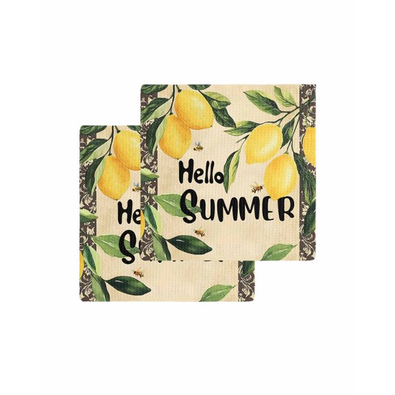 Hello Summer Kitchen Dish Towels for Drying Dishes Set of 2, Lemon Green Botanical Watercolor Waffle Weave Microfiber Terry Hand Tea Bathroom Towels Quick Dry & Absorbent Towel 12x12