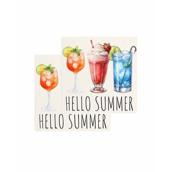 Hello Summer Kitchen Dish Towels for Drying Dishes Set of 2, Orange Red Blue Drink Beige Waffle Weave Microfiber Terry Hand Tea Bathroom Towels Quick Dry & Absorbent Towel 12x12