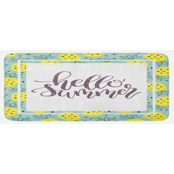Hello Summer Kitchen Mat, Hand Lettering Phrase Print in Frame with Radiant Yellow Whole Pineapples, Plush Decorative Kitchen Mat with Non Slip Backing, 47" X 19", Multicolor, by Ambesonne