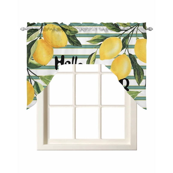 Hello Summer Kitchen Swag Valances for Windows, Lemon Green Botanical Watercolor Striped Swag Valances Curtains for Living Room, Rod Pocket Window Treatments for Bathroom, Bedroom, Cafe, 56"x36"