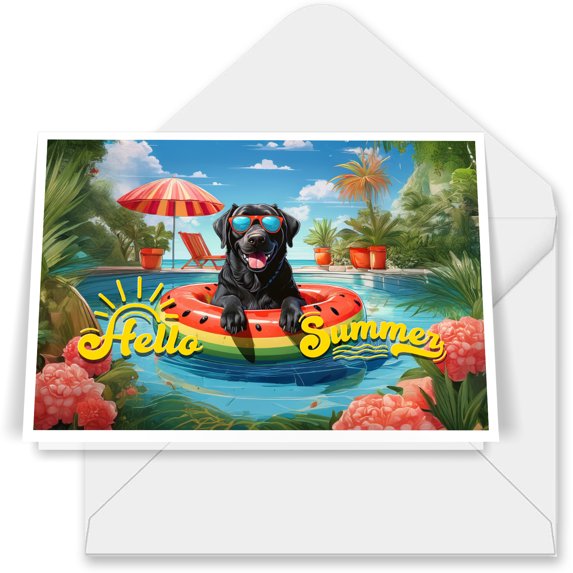 Hello Summer Labrador Retriever Pool Day on Watermelon Float 7x5in Folded Greeting Card Lab Dog Lover Gifts Single Note Card with Envelope - 13008