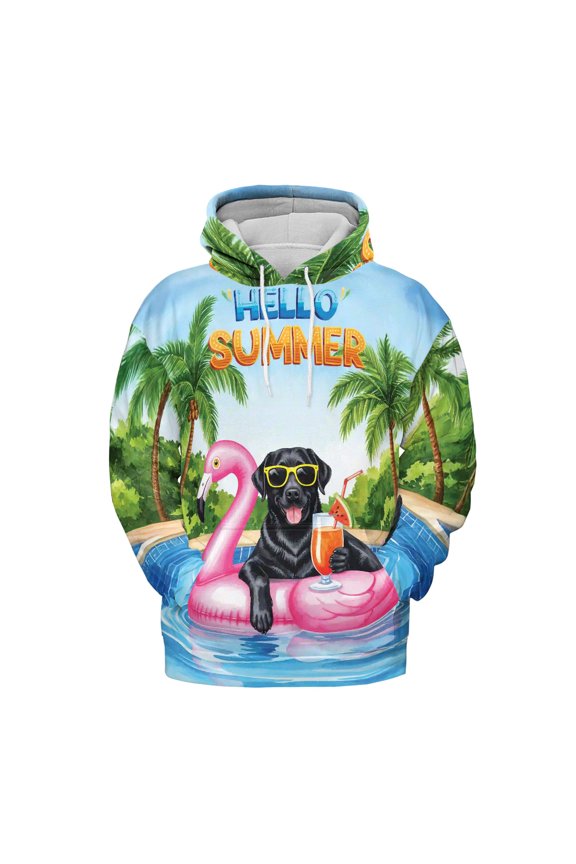 Hello Summer Labrador Retriever at Swimming Pool Flamingo Swim Ring All Over Print 3D Hoodie Unisex Merch Hoodies Lab Dog Lover Gifts - 12009