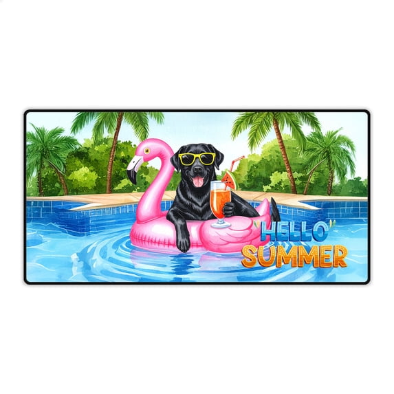 Hello Summer Labrador Retriever at Swimming Pool Flamingo Swim Ring Desk Mat Full Keyboard Mouse Pad Lab Dog Lover Gifts Large Mousepad - 12009