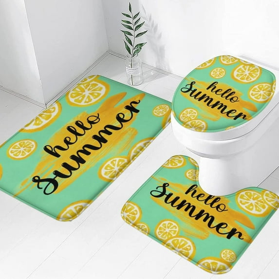 Hello Summer Lemon Bath Rug Sets 3 Piece Yellow and Green Watercolor Fruit Lemons Slice Bath Mat Soft Non Slip Water Absorbent U-Shaped Contour Toilet Mat, Toilet Lid Cover