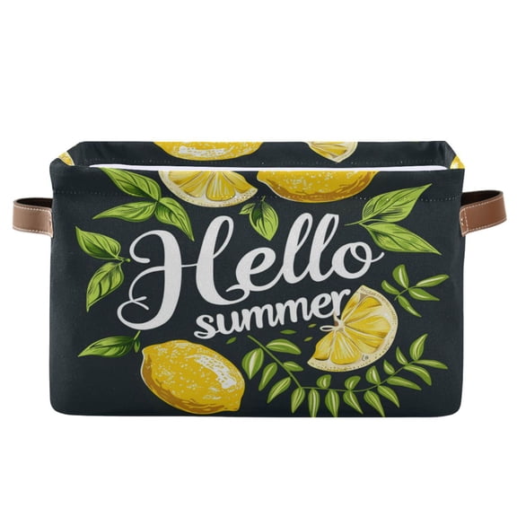 Hello Summer Lemon Leaf Storage Bins with Handle Fabric Organizer Basket Foldable Box 1 Pack 14.2x10.2x8.3