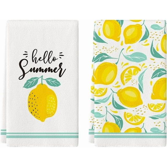 Hello Summer Lemons Kitchen Dish Towels, 18 x 26 Inch Seasonal Summer Fruit Ultra Absorbent Drying Cloth Tea Towels for Cooking Baking Set of 2