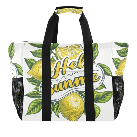 Hello Summer Lemons Reusable Grocery Bags with Handle Side Pocket Waterproof Shopping Portable Tote