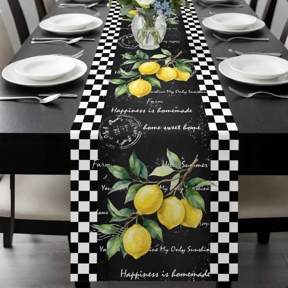 Hello Summer Lemons Table Runner, Farmhouses Fruits Black White Checkered Washable Cotton-linen Table Runners Dining Kitchen Decoration for Everyday Home Wedding Party Decor, 13 x 36 Inch