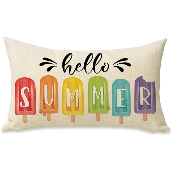 Hello Summer Lumbar Decorative Rectangle Pillow Cover 12 x 20, Popsicle Ice Cream Porch Patio Outdoor Pillowcase, Seasonal Farmhouse Sofa Couch Cushion Case Home Decoration