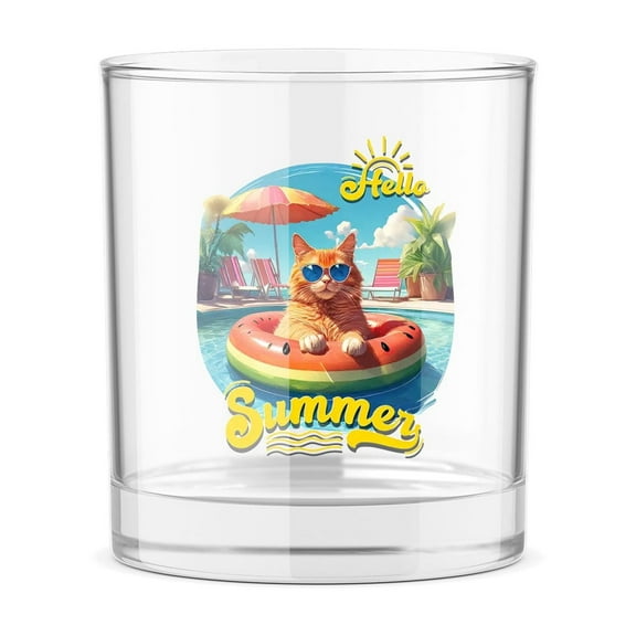 Hello Summer Maine Coon Pool Day on Watermelon Float 11oz Whiskey Glass Mug Cat Lover Kitten Owner Gifts Whiskey Cocktail Glasses Cup - 13008