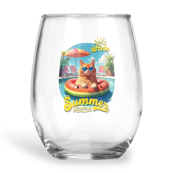 Hello Summer Maine Coon Pool Day on Watermelon Float 15oz Stemless Wine Glass Mug Cat Lover Kitten Owner Gifts Wine Glasses Cup - 13008