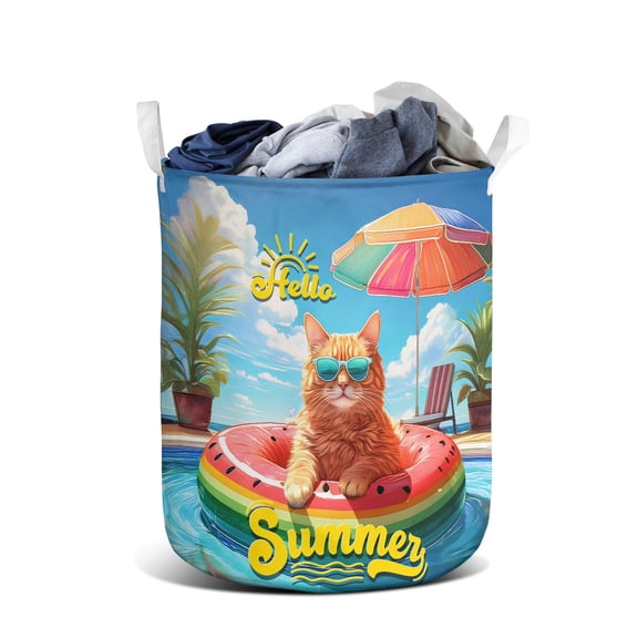 Hello Summer Maine Coon Pool Day on Watermelon Float Foldable Laundry Basket Cat Lover Kitten Owner Gifts Organizer Storage with Handles - 13008