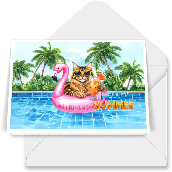 Hello Summer Maine Coon at Swimming Pool Flamingo Swim Ring 7x5in Folded Greeting Card Cat Lover Kitten Owner Gifts Single Note Card with Envelope - 12009