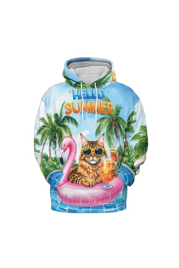 Hello Summer Maine Coon at Swimming Pool Flamingo Swim Ring All Over Print 3D Hoodie Unisex Merch Hoodies Cat Lover Kitten Owner Gifts - 12009