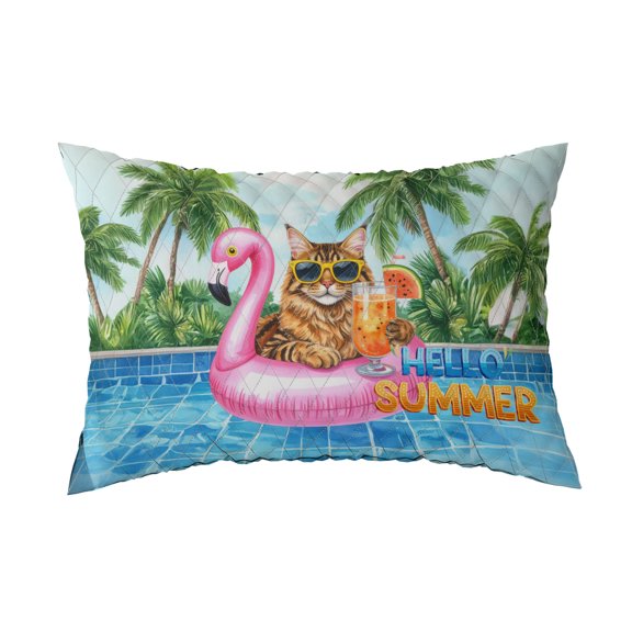 Hello Summer Maine Coon at Swimming Pool Flamingo Swim Ring Quilt Pillowcase Cat Lover Kitten Owner Gifts Throw Pillow Cover Bed Home Decor - 12009
