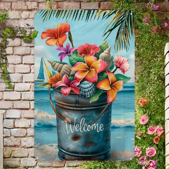 Hello Summer Metal Sign 12x8 Inch Seasonal Ocean Bucket Conch Flowers Welcome Decorations Metal Sign for Yard Party Decorations