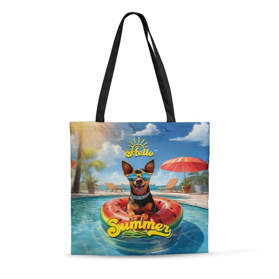 Hello Summer Miniature Pinscher Pool Day on Watermelon Float All Over Print 3D Canvas Tote Bag Mini Pin Dog Lover Reusable Handbag - 13008