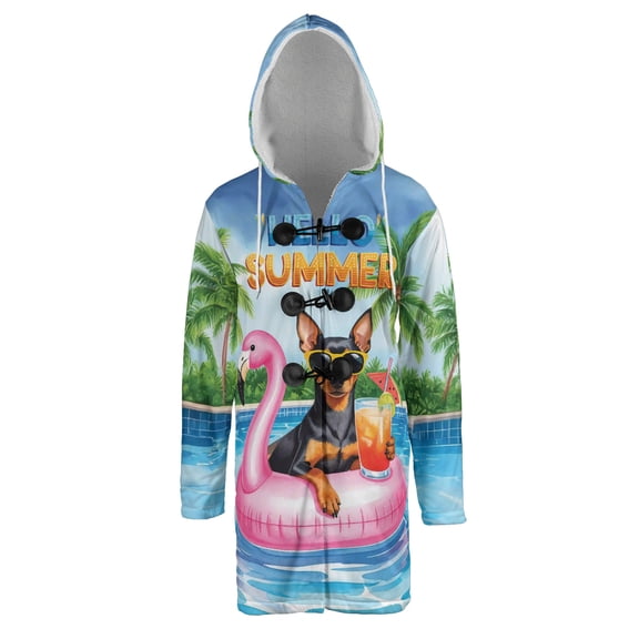 Hello Summer Miniature Pinscher at Swimming Pool Flamingo Swim Ring All Over Print 3D Hooded Duffle Toggle Coat Mini Pin Dog Lover - 12009