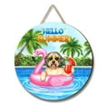 thumbnail image 1 of Hello Summer Old English Sheepdog at Swimming Pool Flamingo Swim Ring Round Wood Sign Dog Lover Hanging Wall Home Decor - 12009, 1 of 5