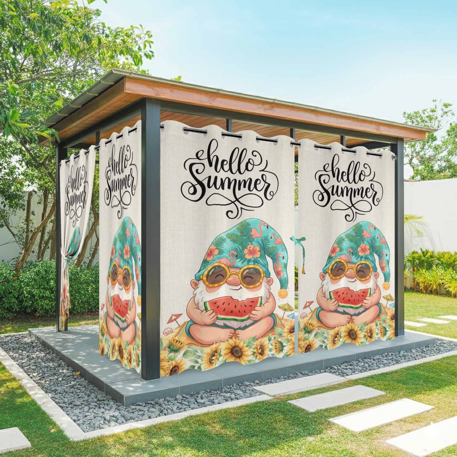 Hello Summer Outdoor Curtains for Patio Waterproof, Grommet Outdoor Privacy Panels, Cute Gnomes Watermolen Sunflowers Tropical Plants Weatherproof Outside Curtains for Porch 54"Wx108"L, 1 Panel