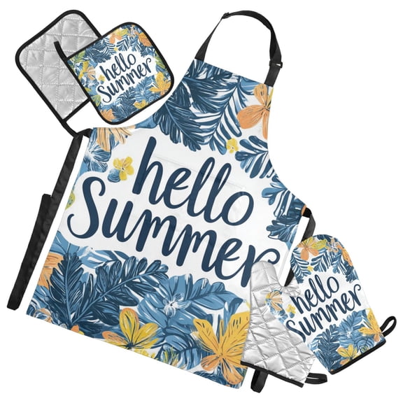 Hello Summer Palm Tree Leaves Apron Set with Oven Mitts Pot Holders Set of 5 Kitchen Stuff Accessories
