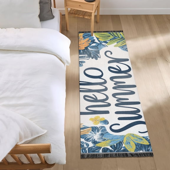 Hello Summer Palm Tree Leaves Bedside Runner Rug 2'x 6' Non Slip Carpet Floor Mat Area Rug