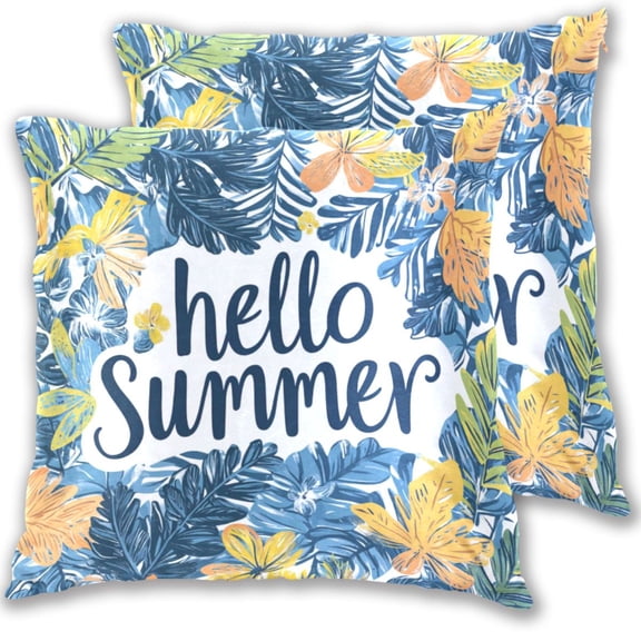 Hello Summer Palm Tree Leaves Throw Pillow Covers Pillowcases 16 x 16 Inch Home Decor 2 Packs for Bedroom Sofa