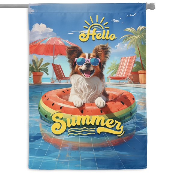 Hello Summer Papillon Pool Day on Watermelon Float House Flag 28x40in Double Sided Pap Butterfly Dog Lover Outdoor Decor - 13008