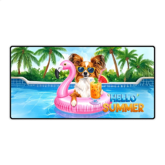 Hello Summer Papillon at Swimming Pool Flamingo Swim Ring Desk Mat Full Keyboard Mouse Pad Pap Butterfly Dog Lover Large Mousepad - 12009