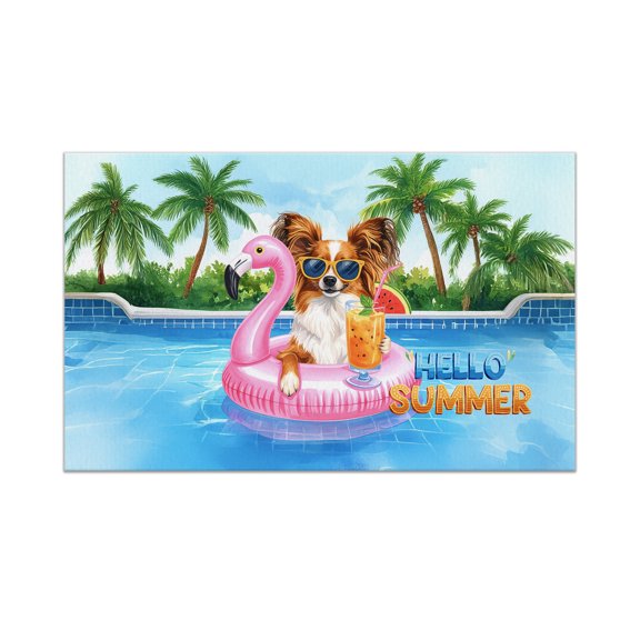 Hello Summer Papillon at Swimming Pool Flamingo Swim Ring Doormat Pap Butterfly Dog Lover Indoor Outdoor Welcome Mat - 12009