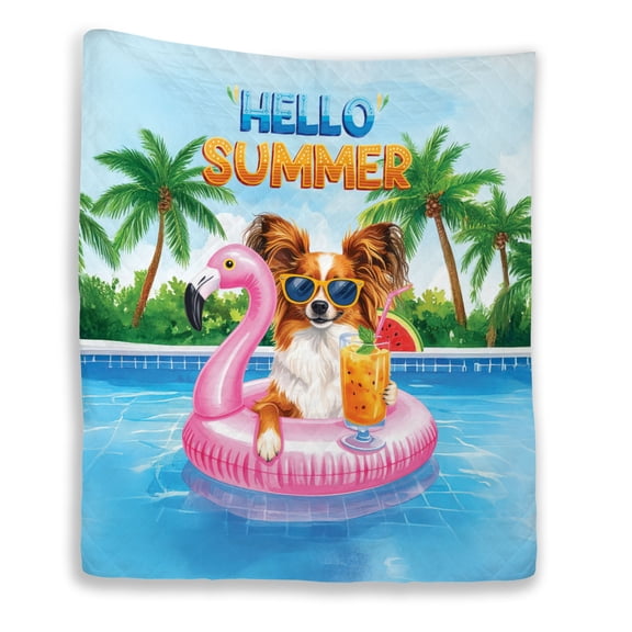 Hello Summer Papillon at Swimming Pool Flamingo Swim Ring Quilt Blanket Pap Butterfly Dog Lover Cozy Comforter Throw Blanket - 12009