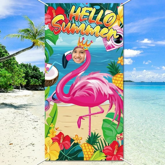 Hello Summer Photo Backdrop 5.9x3ft Summer Hawaiian Beach Party Decor with Flamingo Design Face in Hole Polyester Fabric Easy Setup Perfect for DIY Birthday Parties