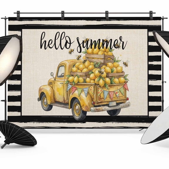 Hello Summer Photography Backdrop 7x5FT, Retro Watercolor Lemon Truck Black Stripe Linen Photo Backdrops, Background for Photography Studio Photo Studio Background, Back Drop for Photoshoot