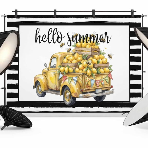 Hello Summer Photography Backdrop 7x5FT, Retro Watercolor Lemon Truck Black Stripes Photo Backdrops, Background for Photography Studio Photo Studio Background, Back Drop for Photoshoot