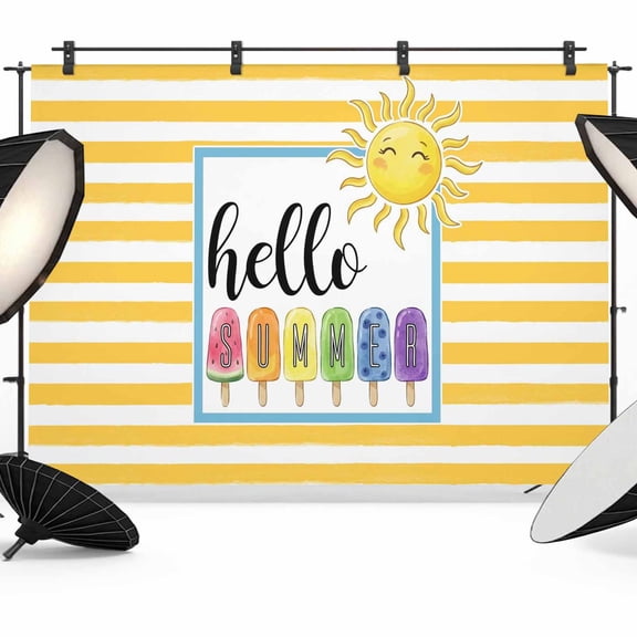 Hello Summer Photography Backdrop 7x5FT, Yellow Stripes Rainbow Ice Cream Sunshine Cartoon Photo Backdrops, Background for Photography Studio Photo Studio Background, Back Drop for Photoshoot