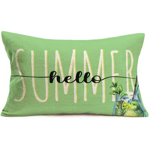 Hello Summer Pillow Covers 12x20 Inch Green Leaves Farmhouse Decorations Throw Waist Pillow Cases Plants Cotton Linen Rectangular Oblong Pillows Seasonal Quotes Cushion Cover