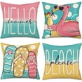 thumbnail image 1 of Hello Summer Pillow Covers 16x16 Inch Set of 4 Flamingo Flip Flops Sand Starfish Beach Please Polka Dot Blue Pink Farmhouse Decorative Throw Pillow Cases for Sofa Couch Home Decor, 1 of 6