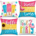 thumbnail image 1 of Hello Summer Pillow Covers 18x18 Inch Set of 4, Popsicles Flamingo Swim Ring Pool Party Sweet Summer Time Farmhouse Decorative Throw Pillowcases for Home Sofa Couch Decoration G525-18, 1 of 6