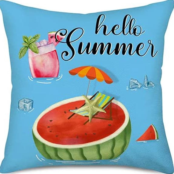 Hello Summer Pillow Covers 18x18Inch Outdoor Pillow Covers Watermelon Throw Pillow Covers Gnome Lemon Slicer Watermelon Ice Cream Cushion Case Decoration for Farmhouse Sofa Home Car
