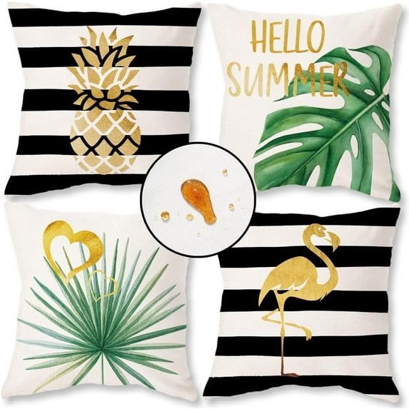 Hello Summer Pillow Covers Waterproof 18x18 Set of 4 for Summer Decorations Black Stripe Gold Cushion Cases Tropical Pineapple Flamingo Throw Pillows for Couch Patio Furniture