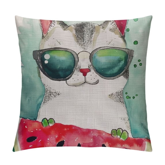 Hello Summer Pillow Decorative Pillow Cover Cute Watercolor Cat in Sunglasses Eating Watermelon Throw Pillow Case Cotton Linen French Decor Rustic Cushion Cover for Sofa Couch