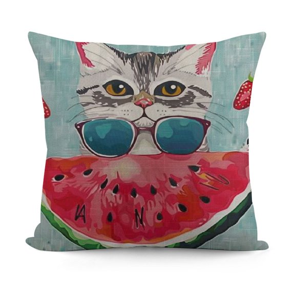 Hello Summer Pillow Decorative Pillow Cover Cute Watercolor Cat in Sunglasses Eating Watermelon Throw Pillow Case French Decor Rustic Cushion Cover for Sofa Couch