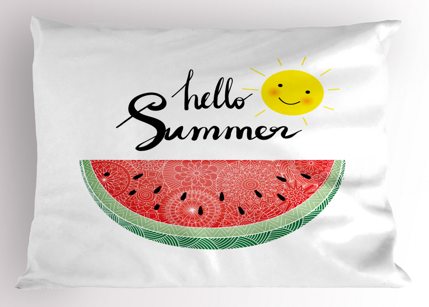 Hello Summer Pillow Sham Abstract Design with Zentangle Patterned Watermelon Slice and Smiling Sun, Decorative Standard Queen Size Printed Pillowcase, 30 X 20 Inches, Multicolor, by Ambesonne