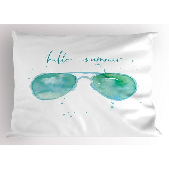 Hello Summer Pillow Sham Image of Watercolor Style Sunglasses and Motivational Phrase and Speckles, Decorative Standard Size Printed Pillowcase, 26 X 20 Inches, Sky Blue Green, by Ambesonne