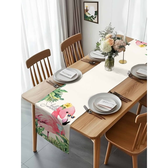 Hello Summer Pink Flamingo Table Runner 13x70in Non-Slip Cotton Linen Table Runners, Tropical Palm Leaf Flower Dresser Scarves TableRunner for Dinner Kitchen Dining Wedding Party