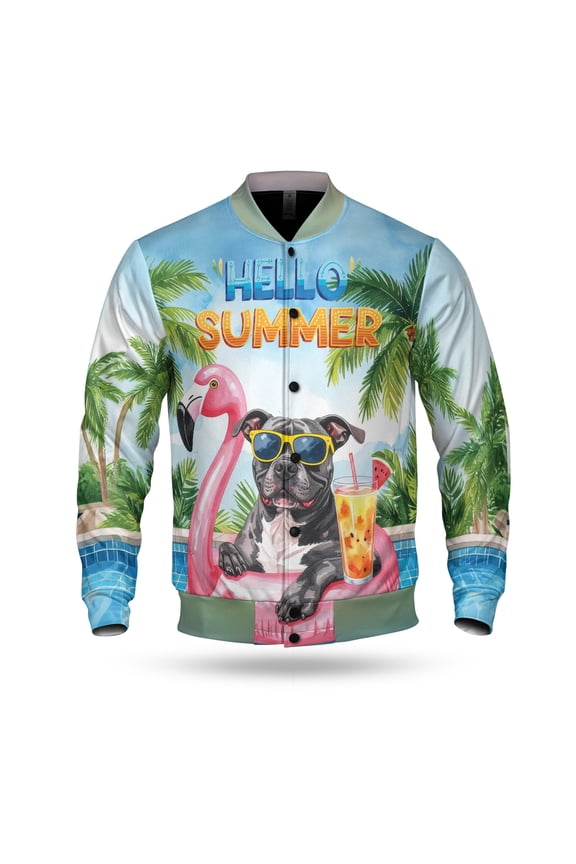 Hello Summer Pitbull at Swimming Pool Flamingo Swim Ring All Over Print 3D Baseball Jacket Terrier Dog Lover Bomber Jacket Softball - 12009