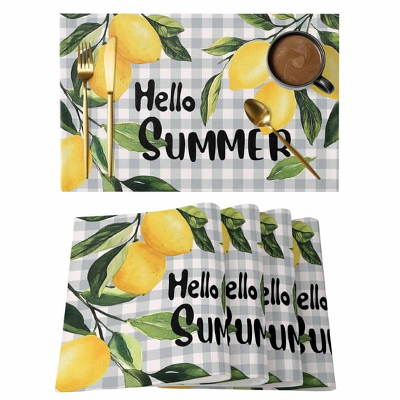 Hello Summer Placemats Set of 6 Lemon Green Botanical Watercolor Plaid Place Mats Indoor Wipeable Table Mats Washable Cloth Dining Table Placemats for Kitchen Holiday Party Home Decor 13x19 Inch