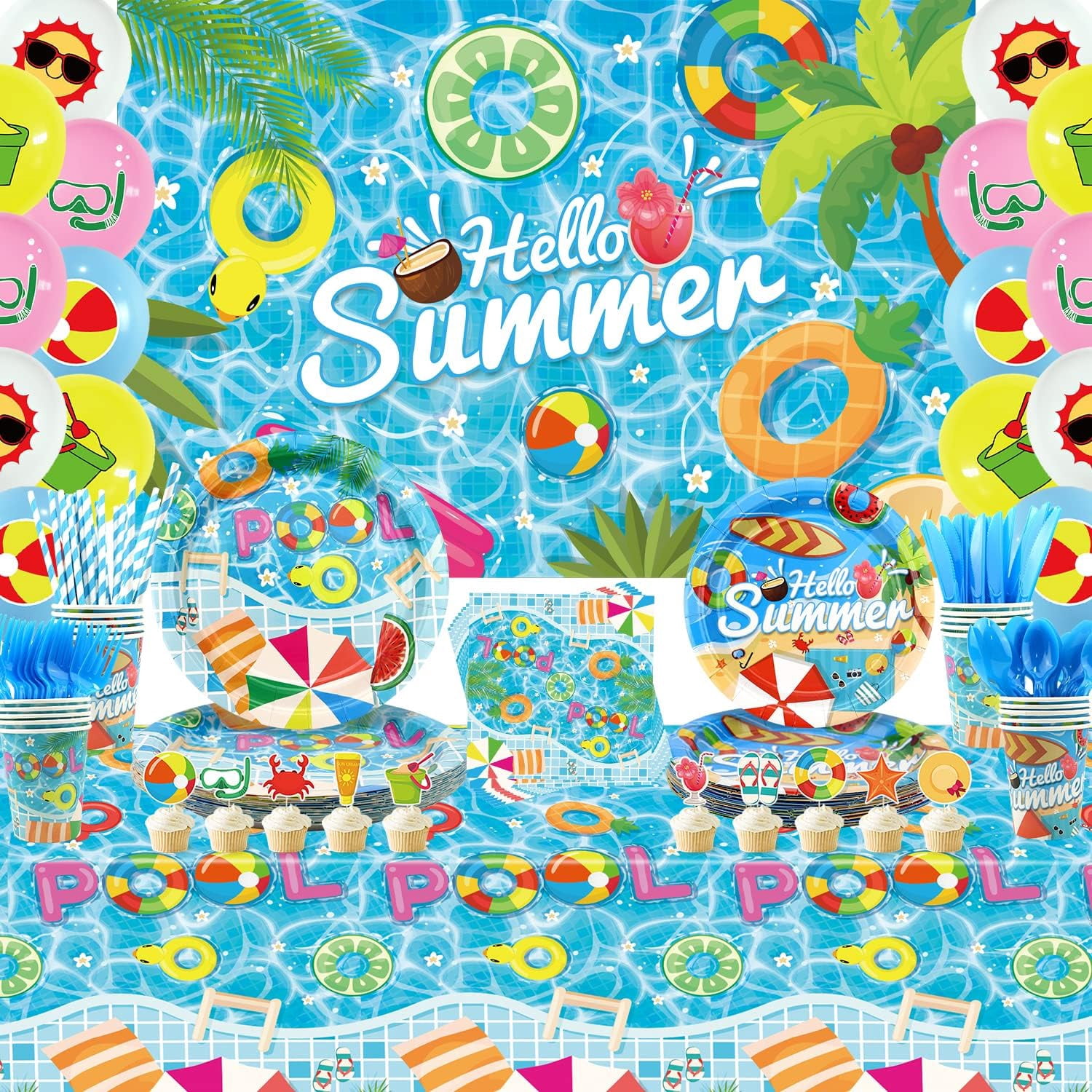 Hello Summer Pool Beach Party Supplies Background, Tableware